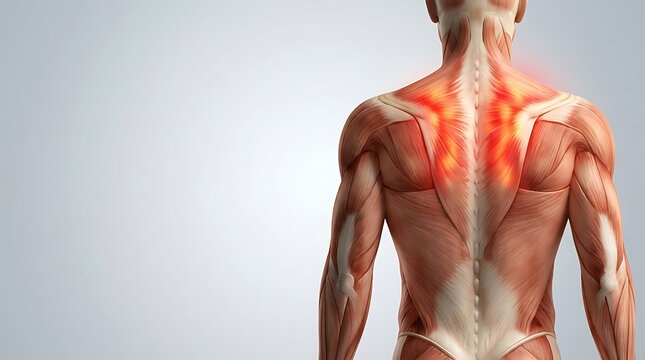 Human male back muscular anatomy with highlighted pain in upper back