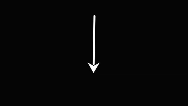 Minimalist White Arrow pointing Downwards on Chroma Key Black Background, abstract pointer symbol, simple user interface element, clean graphic resource for designers and content creators, isolated