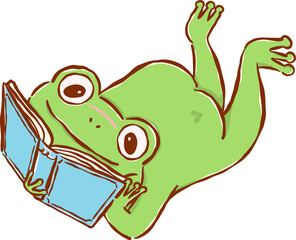 Fototapeta premium Frog Reading Book Happy Bookish Animal Cartoon Hand Drawn