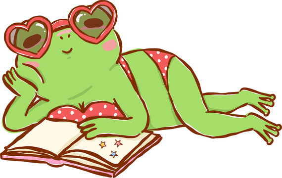 Frog Reading Book in Bikini, Summer Bookish Animal Cartoon Hand Drawn