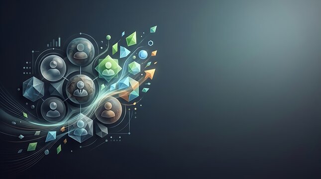 Digital network connection with user icons and geometric shapes