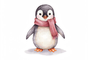 Fototapeta premium Adorable baby penguin wearing a pink knitted scarf, standing on a patch of ice, watercolor style on a white background