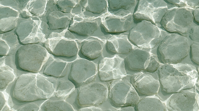 Abstract top view water surface with glowing bright sunlight reflections and ripples
