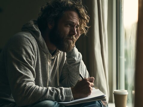 Thoughtful Man Writing in Journal by Window with Coffee
