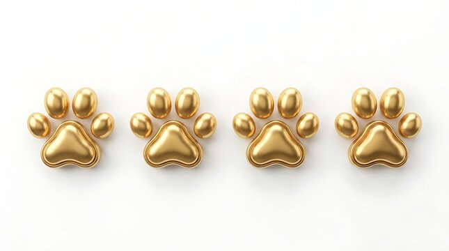 Four shiny golden animal paw prints arranged in a neat horizontal row on a clean white background with aligned perfectly horizontal