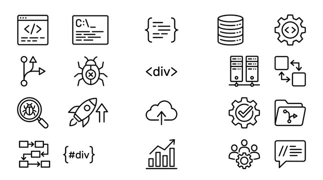 Collection of modern flat icons representing software development and technology concepts.