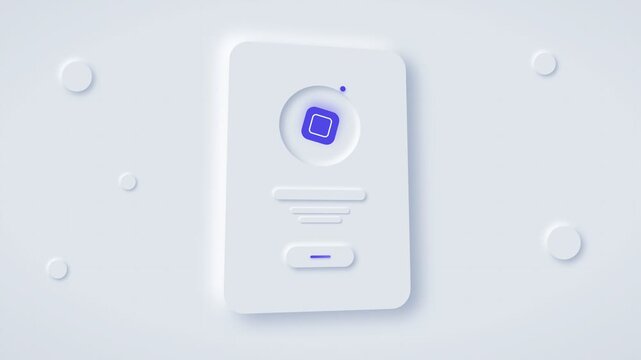 Neumorphic parallax card UI animation. Features a floating 3D dashboard with a debossed dial, rotating indigo core, and satellite dot. Professional soft design with dynamic lights.