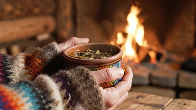 Person holding ceramic bowl with herbal infusion by fire