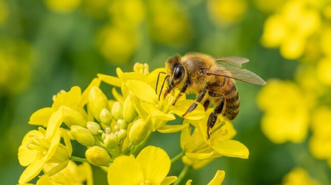 Bee Collecting Nectar on Yellow Flower