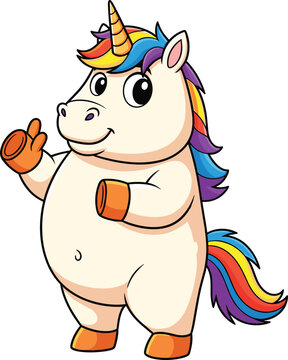 Cartoon unicorn with colorful mane and peace gesture &mdash; whimsical biped character for fantasy, kids media, and magical creature themes
