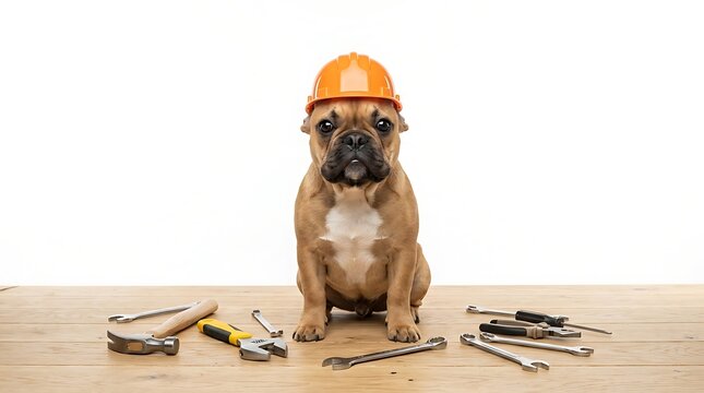 Adorable french bulldog wearing orange construction hard hat surrounded by assorted metal hand tools with sitting wooden surface surface