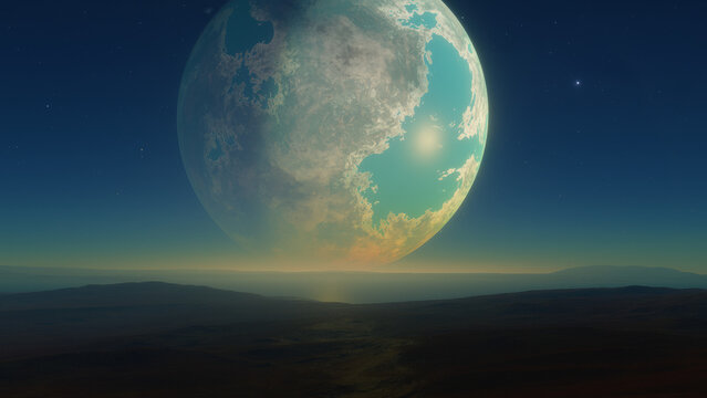 Distant exoplanet with atmospheric clouds rising above alien landscape