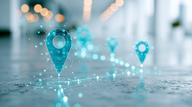 Digital map with glowing blue location pins connected by dotted lines, symbolizing navigation and tracking technology.