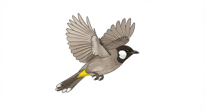 Flying White Eared Bulbul Bird Vector Illustration Isolated on White Background