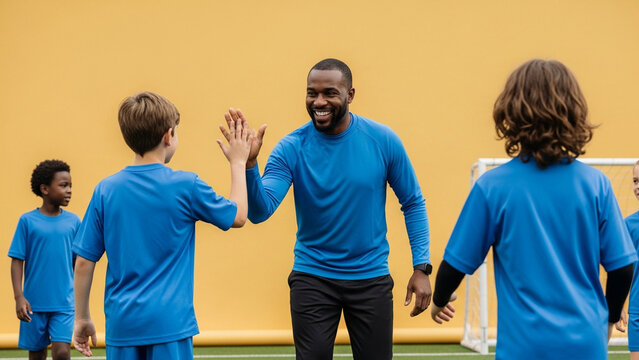 Smiling Black male soccer coach giving a high-five to a young boy in a blue uniform during training on a green turf field with a yellow background and a soccer goal.