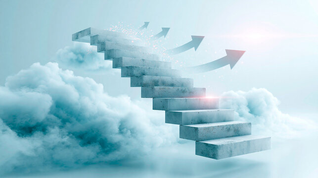 A floating staircase ascends through clouds with upward arrows, symbolizing progress, growth, and reaching new heights.