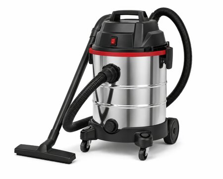 Industrial wet dry vacuum cleaner for professional cleaning. Heavy-duty shop vac with stainless steel tank and wheels for easy mobility.