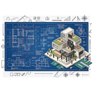 Architectural blueprint and 3d model of a modern residential home