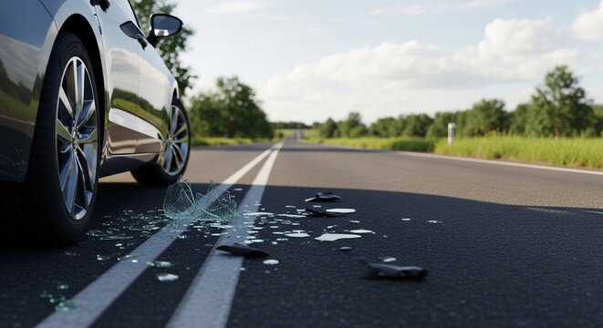 Shattered glass on asphalt road after car accident with vehicle parked on highway shoulder during daytime.