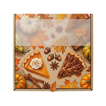 Square cardboard box with autumn theme design featuring pumpkin pie slices pecans and colorful fall leaves for seasonal packaging