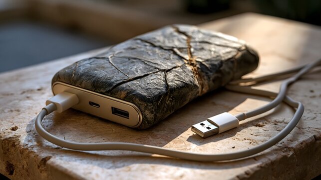 Aufgebl&auml;hte und besch&auml;digte Powerbank mit Ladekabel als Brandgefahr