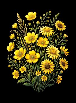 Vibrant bouquet of yellow wildflowers and daisies on black background