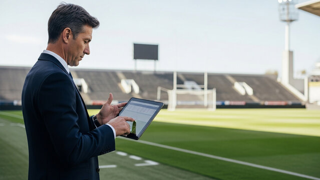 Professional sports manager in a dark suit stands on a grass field in an empty stadium, using a digital tablet to analyze game tactics and player performance data during the day.