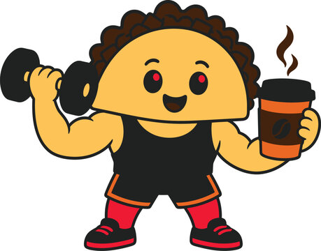 Cartoon taco character lifting weights and holding coffee cup isolated on transparent background