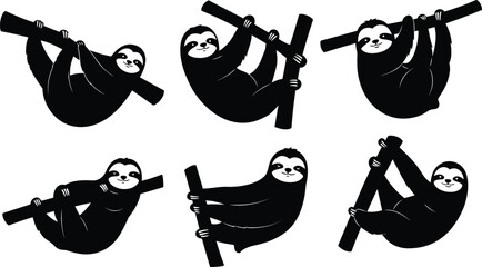 Cartoon sloth illustrations, black and white, hanging pose, tree branch, smiling face, relaxed posture, animal design, vector art, character set © Anonto