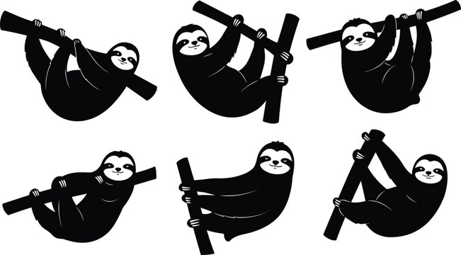 Cartoon sloth illustrations, black and white, hanging pose, tree branch, smiling face, relaxed posture, animal design, vector art, character set