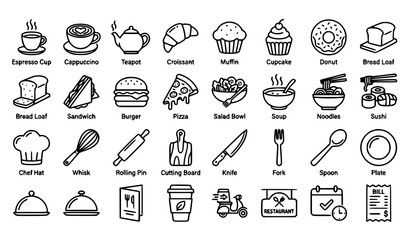 Fototapeta premium Bakery and Cafe Food Icon Set, Coffee Pastry and Restaurant Outline Vector Collection