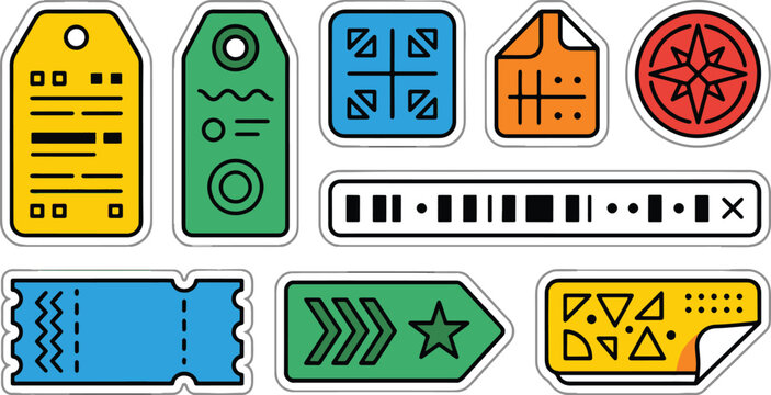 Modern colorful price tag label sticker ticket and barcode vector illustration set for shopping sale