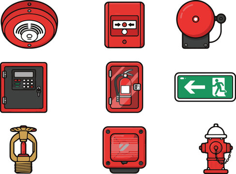 Fire protection safety equipment alarm system smoke detector and extinguisher vector illustration set