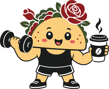 Cute taco character lifting weights with coffee cup isolated on transparent background