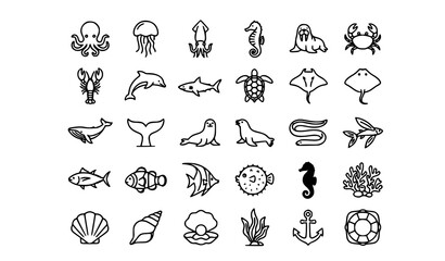 Life and Ocean Animals Line Icon Set with Jellyfish, Shark, Turtle, Dolphin, Crab, Lobster, and Marine Creature Symbols for Nautical Designs Keywords: © Mobarak
