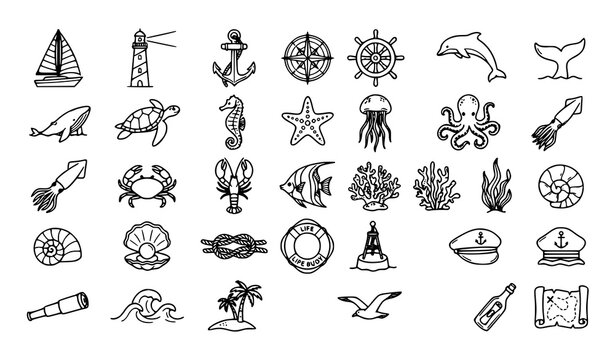 Nautical Marine Life Line Icon Set with Lighthouse, Anchor, Dolphin, Turtle, Octopus, Crab, and Ocean Symbols for Sea Themed Designs
Keywords:
nautical, marine, sea, ocean, icon, set, lighthouse, anch