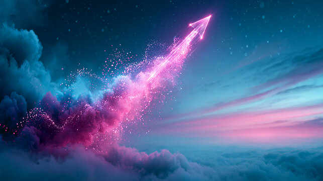 A glowing pink arrow made of sparkling particles shoots upward through a dreamy cloudy sky at dusk or dawn.