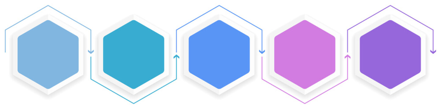 Infographic template with five hexagonal stages connected by a continuous arrow line