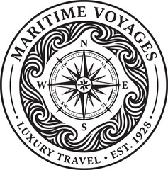 Naklejka premium Luxury compass logo with ocean waves. Elegant nautical emblem for premium travel branding.