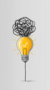 A light bulb with a chaotic scribble above it, symbolizing a messy thought process turning into a bright idea with a checkmark inside the bulb.