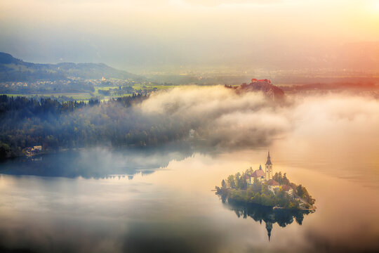 Sunrise over popular tourist destination  Bled lake.