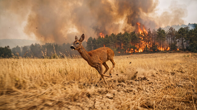 Wild deer running through a dry grass field attempting to escape a raging forest fire in the background
