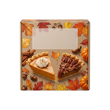 Square cardboard box for autumn pie packaging with printed pumpkin and pecan slices and fall leaves design