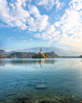 Sunny day view on popular tourist destination  Bled lake.