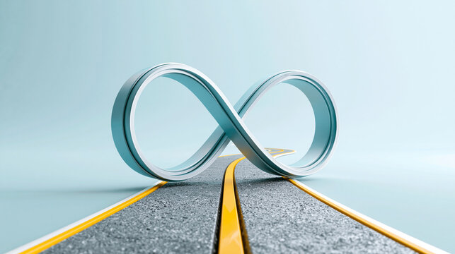 A futuristic infinity-shaped road loop stands on a sleek, modern highway with yellow dividing lines under a clear sky.