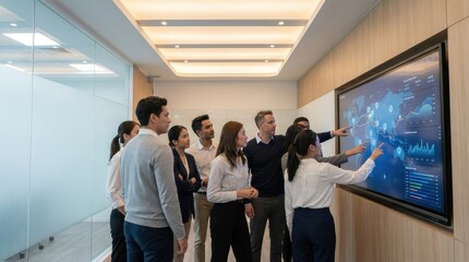 Fototapeta premium Diverse business professionals analyzing global data on a large digital screen in a modern conference room during a strategic company meeting