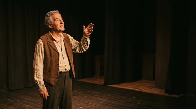 Senior male actor performing a monologue on dark theater stage