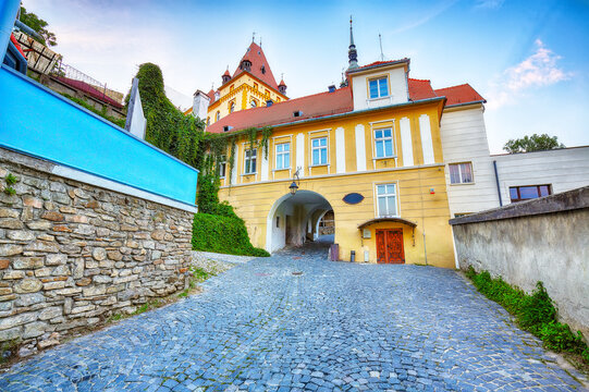 Remarkable evening view of historic town Sighisoara and Clock Tower built by Saxons.