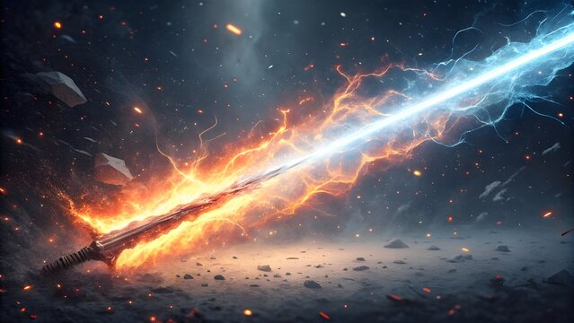 Energy sword-like streak slicing diagonally across the frame with blazing fire on one side, freezing lightning on the other, glowing particle debris and intense cinematic illumination