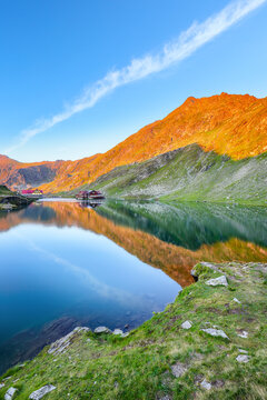 Awesome sunset view of Balea glacier lake near the Transfagarasan road.